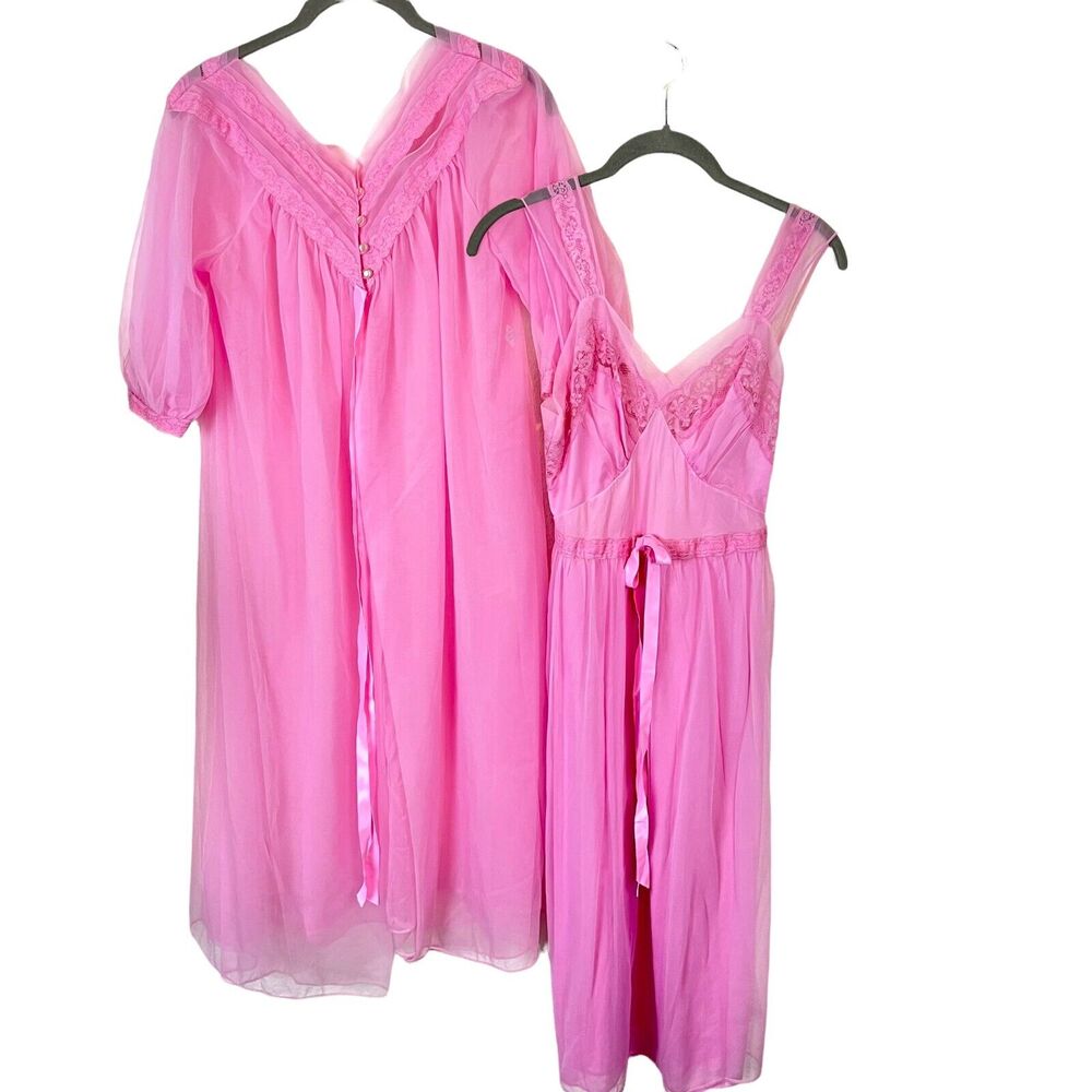 Nighty And Robe Set Vintage 60s Kayser Womens Pink Beautiful Sexy Size 32 S